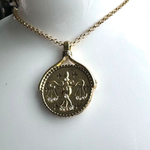 Libra Zodiac Sign Blue Crystal Medallion Pendant Necklace - Picture 5 of 8